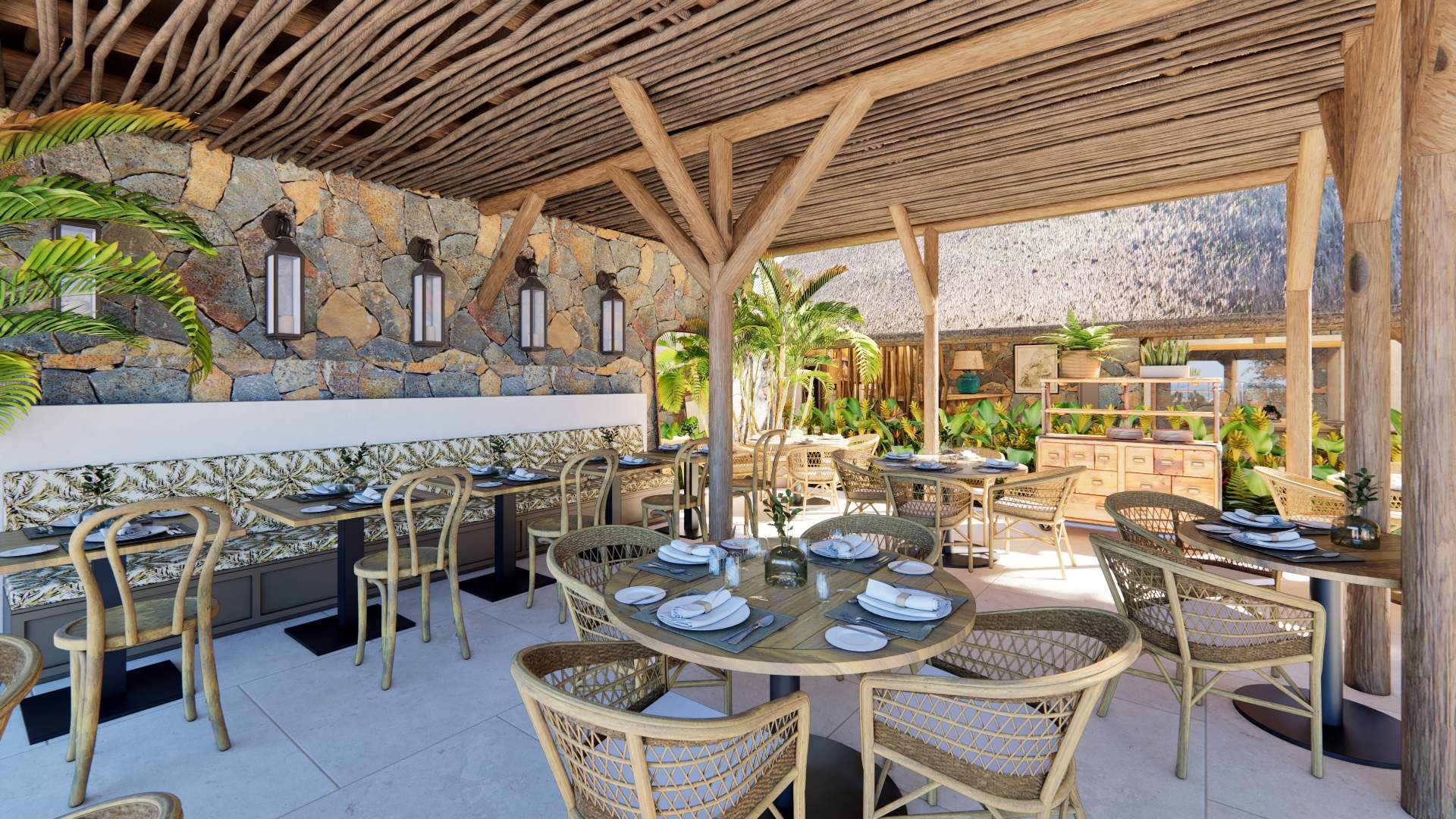 Elegant interior dining area of Le Chamarel Restaurant